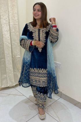 Dark Blue Viscose Velvet Salwar Kameez For Wedding