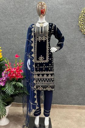 Dark Blue Viscose Velvet Straight Salwar Suit