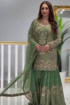 Dark Fern Green Faux Georgette Sharara Salwar Suit