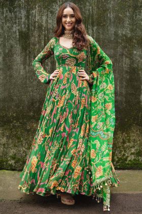 Dark Green Digital Flower Printed Long Sleeves Anarkali Gown