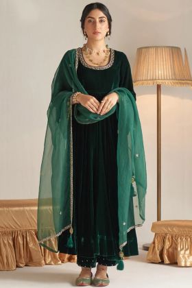 Dark Green Embroidery Work Readymade Anarkali Gown