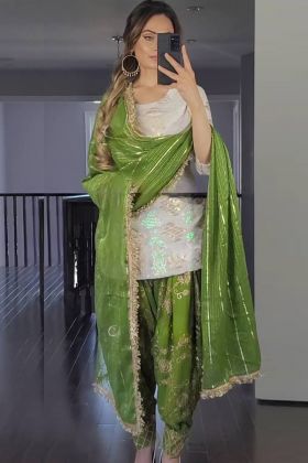 Dark Green Faux Georgette Embroidered Dhoti Suit