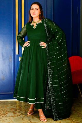 Dark Green Gota Patti Work Plain Readymade Anarkali Style Gown