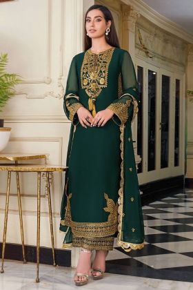 Dark Green Sequence Embroidery Work Faux Georgette Straight Suit