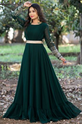 Dark Green Zari Sequence Embroidery Work Party Special Frill Gown