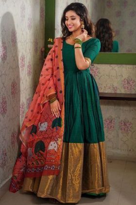Dark Green Zari Weaving Work Pure Silk Anarkali Gown