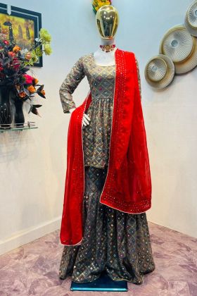 Dark Grey Multi Color Double Sequence Embroidery Work Sharara Salwar Suit