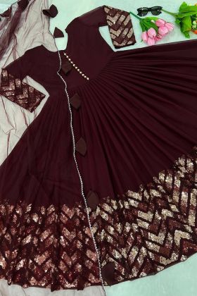 Dark Maroon Copper Sequence Work Long Anarkali Gown