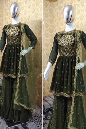 Dark Olive Green Faux Georgette Sharara Style Suit
