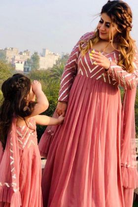 Dark Peach Mirror Work Gown For Mother Daughter
