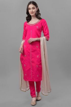 Dark Pink Embroidery Work Taffeta Silk Salwar Kameez