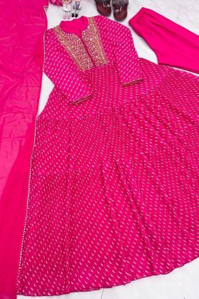 Dark Pink Faux Georgette Embroidery Work Gown
