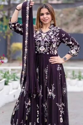 Dark Purple Embroidered Faux Georgette Gown