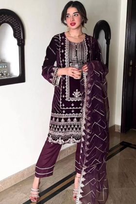 Dark Purple Embroidery Work Straight Salwar Kameez