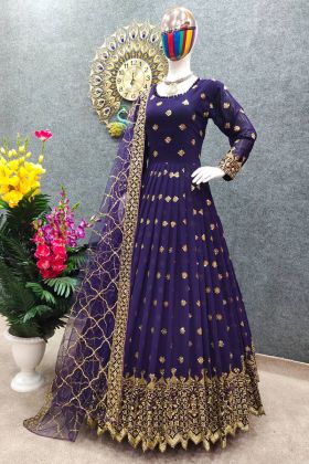 Dark Purple Faux Georgette Embroidery Work Gown For Wedding