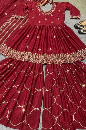 Dark Red Chinon Silk Coding Embroidered Sharara Dress