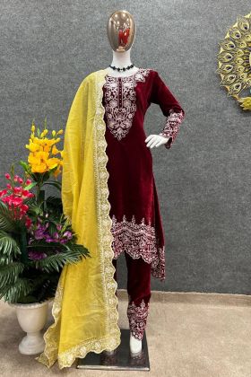 Dark Red Embroidery Work Straight Suit