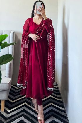 Dark Red Faux Georgette Gown With Embroidery Work Dupatta