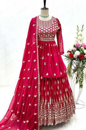 Dark Red Faux Georgette Sequence Work Lehenga With Top