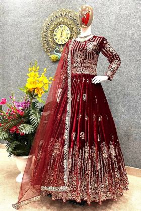 Dark Red Sequence Embroidery Work Gown