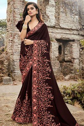 Dark Brown Soft Silk Wedding Saree With Art Silk Blouse