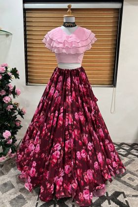 Deep Magenta Pink Ruffle Crop Top With Flower Printed Lehenga Choli