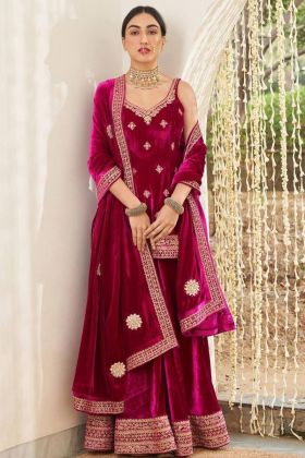 Deep Pink Embroidery Work Viscose Velvet Palazzo Suit
