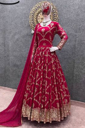 Deep Pink Faux Georgette Embroidery Work Anarkali Gown