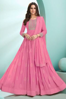 Deep Pink Georgette Coding Embroidery Work Dress