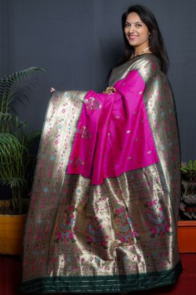 Deep Pink Golden Zari Weaving Work Saree