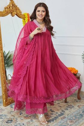 Deep Pink Heavy Maska Cotton Silk Embroidery Work Anarkali Gown