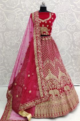Deep Pink Pure 9000 Velvet Embroidery Work Bridal Lehenga Choli