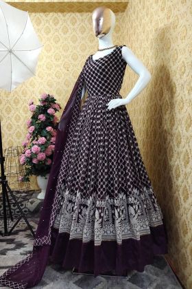 Deep Purple Embroidery Work Flaired Gown