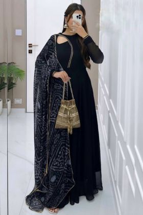 Designer Black Faux Georgette Plain Anarkali Gown