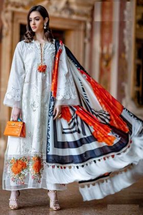 Designer Party Wear Semi Lawn Cotton White Pakistani Suit with Beautiful Lace Latkan Dupatta
