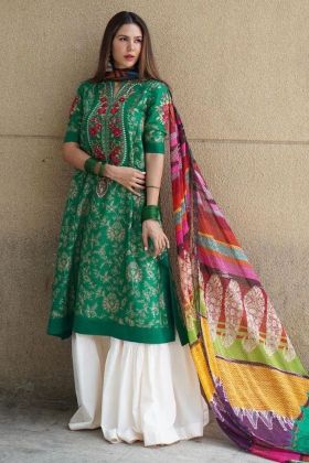 Diwali Special Green Embroidery Work Sharara Style Salwar Suit