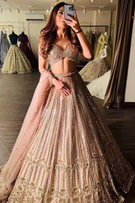 Buy Camel Brown Crop Top And Lehenga Set In Gold Sequins Embroidery,  Crafted In Georgette With Sequins Fringes On The Border Of The Lehenga