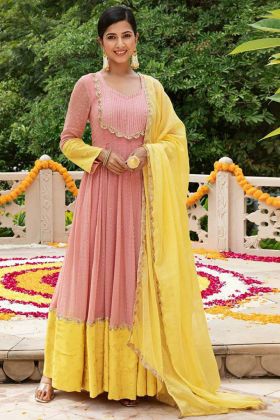 Diwali Special Light Pink Faux Georgette Embroidery Work Gown