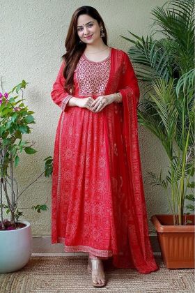 Diwali Special Red Bandhani Style Printed Anarkali Gown
