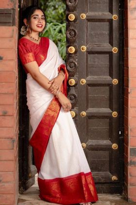 Durga Pooja Special White Banarasi Soft Silk Saree