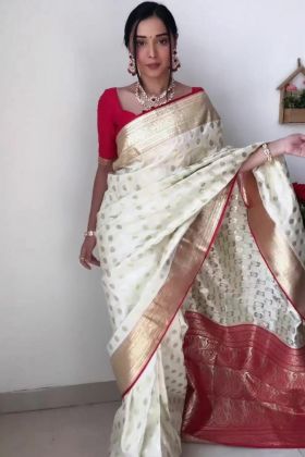 Durga Pooja Special White Weaving Work Saree