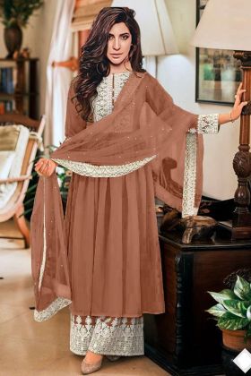 Dusty Brown Embroidered Work Anarkali Style Suit