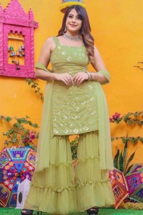 Dusty Green Sequence Work Top With Plain Sharara