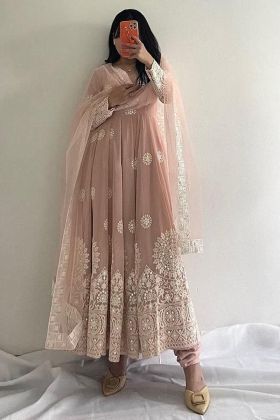 Dusty Peach Embroidery Work Readymade Gown