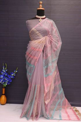 Dusty Pink Embroidery Work Butterfly Net Saree