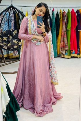Dusty Pink Finon Silk Anarkali Gown With Flower Printed Dupatta