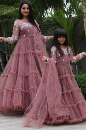 Dusty Pink Soft Net Ruffle Mother Daughter Gown Combo