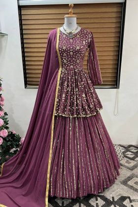Dusty Rose Pink Embroidery Work Top With Lehenga