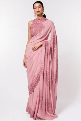Dusty Rose Pink Sequence Embroidery Work Georgette Saree