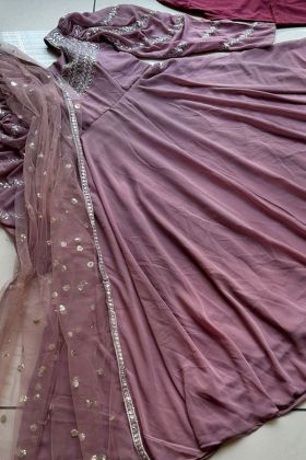 Dusty Rose Pink Zari Work Anarkali Style Long Gown